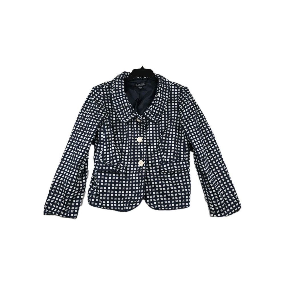 John Meyer Collection Navy Geometric Blazer Jacket Size 12 Peplum Back Piped